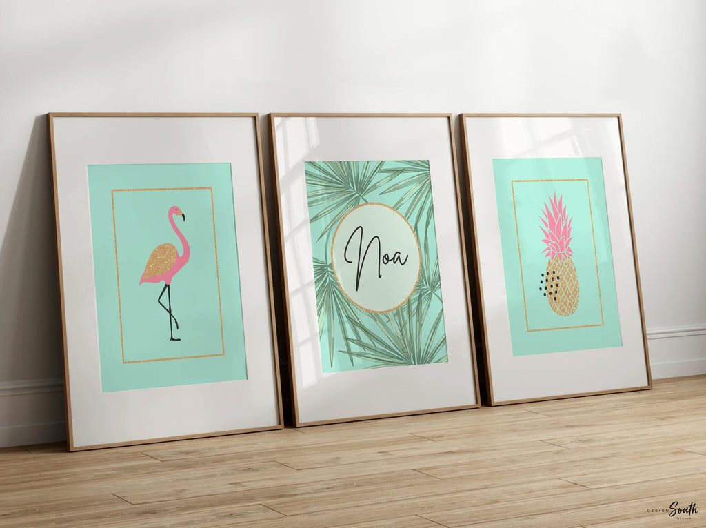 Teal pink and gold art, teal nursery prints, teal flamingo decor, pink teal and gold girls decor, pink aqua flamingo nursery personalized