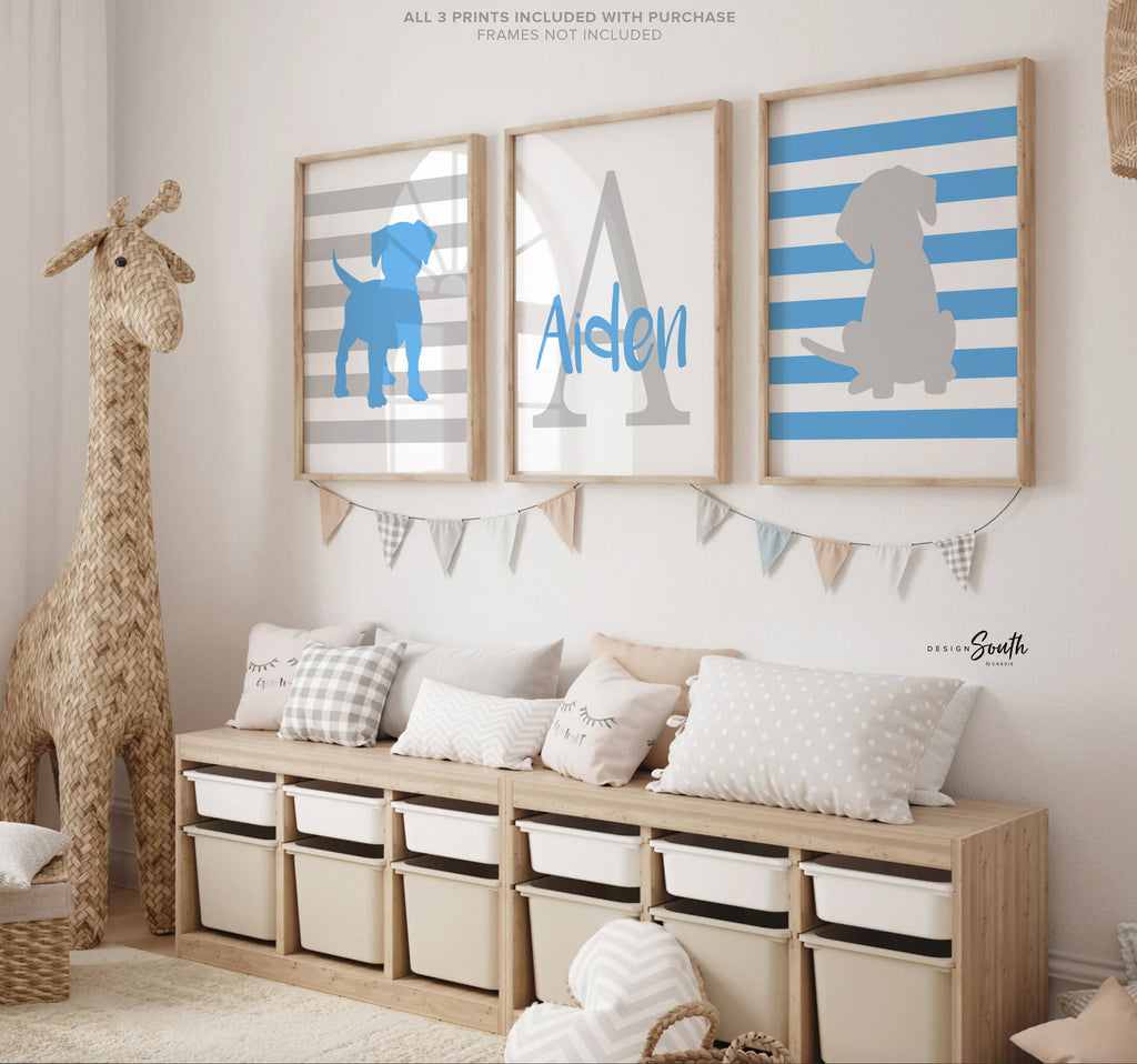 Baby blue & gray nursery, boy monogram, nursery decor, puppy dog decor, wall art boys, puppy decor, dog nursery theme, personalized nursery