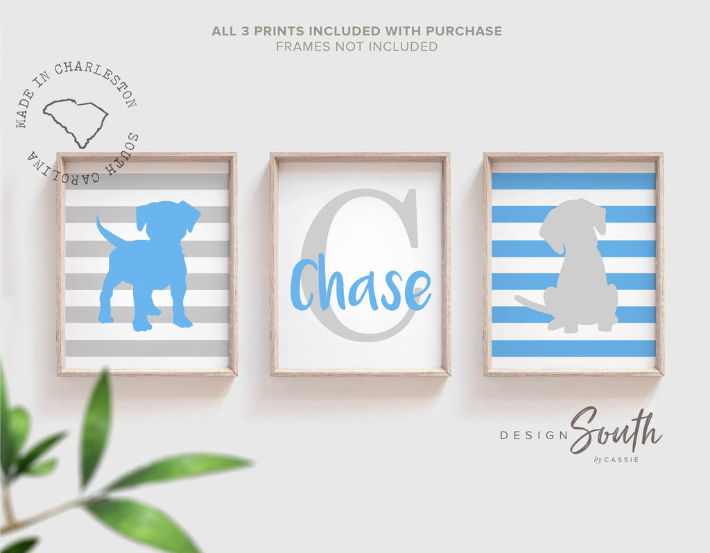 Baby blue & gray nursery, boy monogram, nursery decor, puppy dog decor, wall art boys, puppy decor, dog nursery theme, personalized nursery