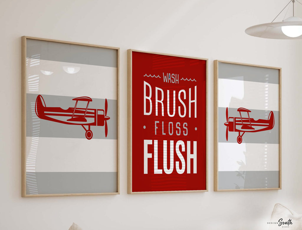 Boys bathroom wall art red and gray, boys red bathroom, red and gray bathroom decor for boys, aviation bathroom decor, airplane bathroom art