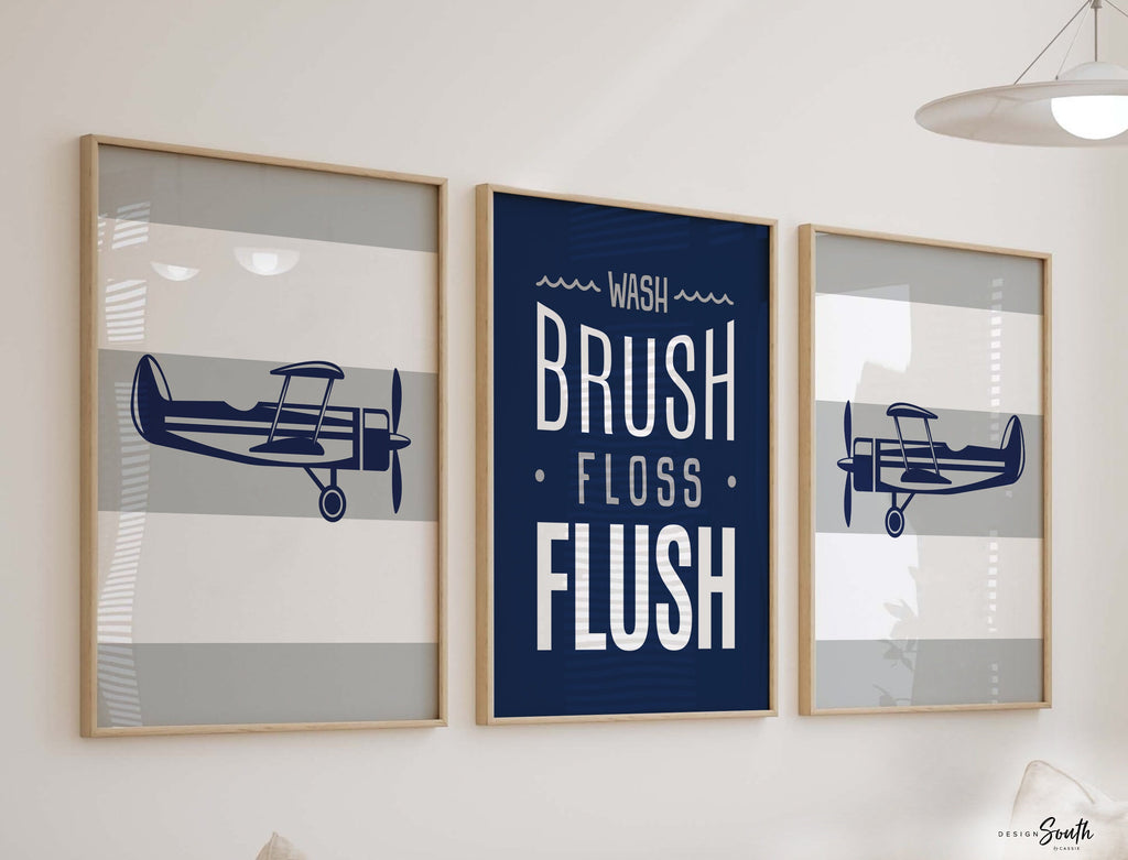 Boys bathroom, baby boy bathroom, boy baby blue bathroom wall decor, blue airplanes, wash brush flush, little pilot, baby boy pilot wall art