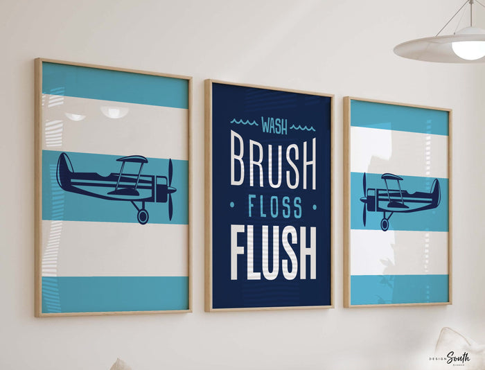 Airplane Bathroom Decor for Boys — Baby Blue Pilot Prints