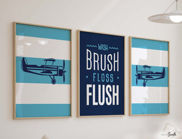 Boys bathroom, baby boy bathroom, boy baby blue bathroom wall decor, blue airplanes, wash brush flush, little pilot, baby boy pilot wall art