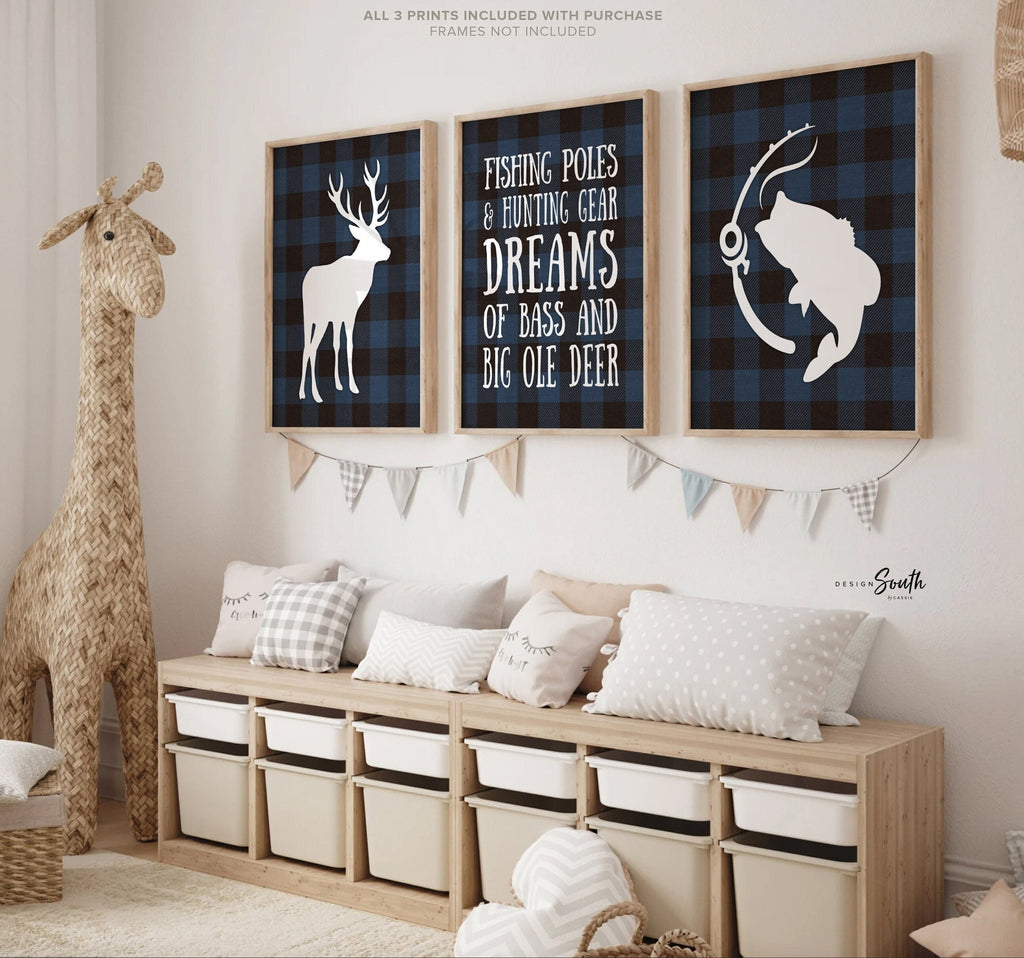 Blue buffalo plaid deer nursery decor, boy deer nursery, hunting theme nursery, blue black bass fish deer hunter themed nursery, hunting kid