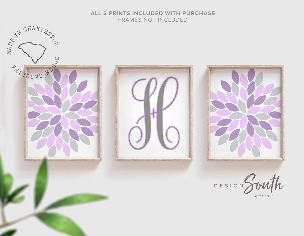 Baby girl nursery gray and purple, lavender and gray girl bedroom, purple girls nursery wall decor, baby girl wall art prints dahlia burst