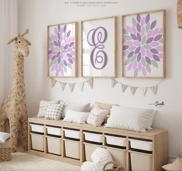 Baby girl nursery gray and purple, lavender and gray girl bedroom, purple girls nursery wall decor, baby girl wall art prints dahlia burst