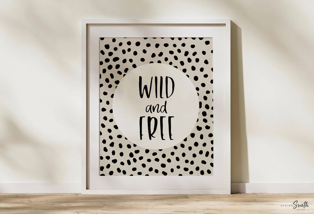 Wild and free, art print poster wild & free, baby cheetah print tan beige, dot speckle pattern art nursery, modern nursery idea wild print