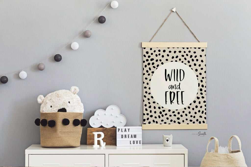 Wild and free, art print poster wild & free, baby cheetah print tan beige, dot speckle pattern art nursery, modern nursery idea wild print