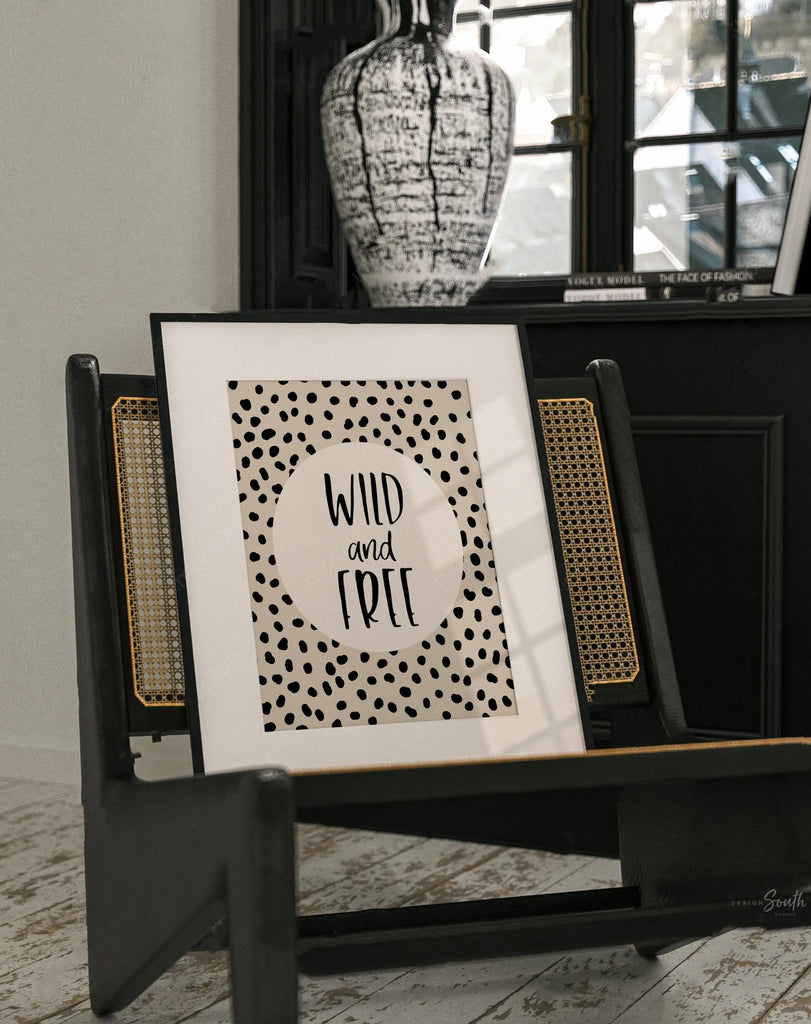 Wild and free, art print poster wild & free, baby cheetah print tan beige, dot speckle pattern art nursery, modern nursery idea wild print