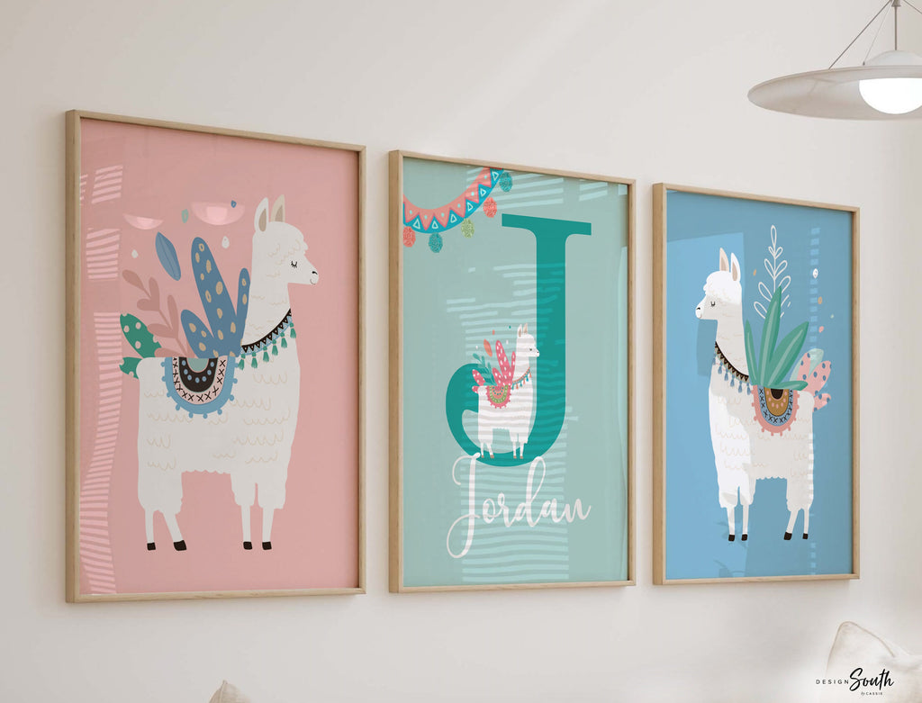 Pink aqua teal colored girls room art, llama themed girls name sign, cactus succulents themed room, pink mint colors kid art, llama pink