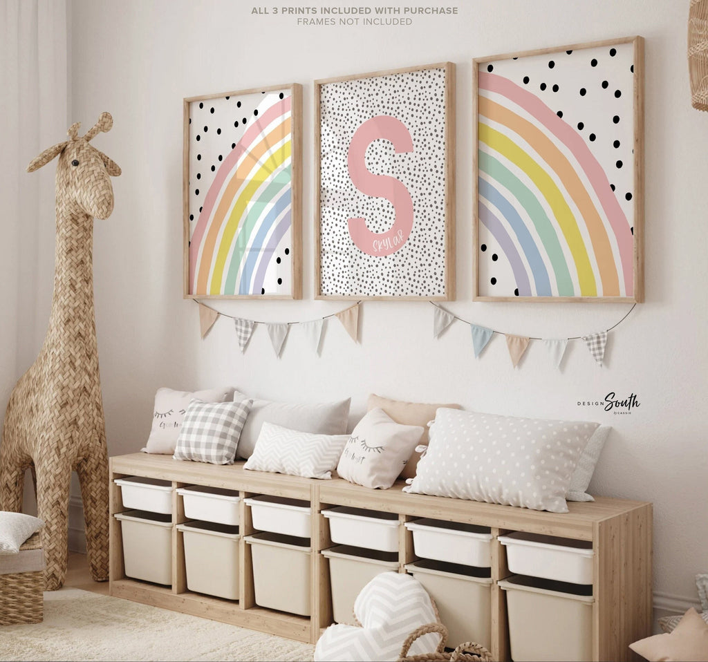 Rainbow nursery monogram art print, baby girl monogram nursery wall art, custom nursery wall art, rainbow monogram letter, polka dots kids