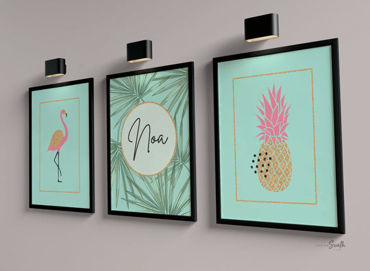Teal pink and gold art, teal nursery prints, teal flamingo decor, pink teal and gold girls decor, pink aqua flamingo nursery personalized
