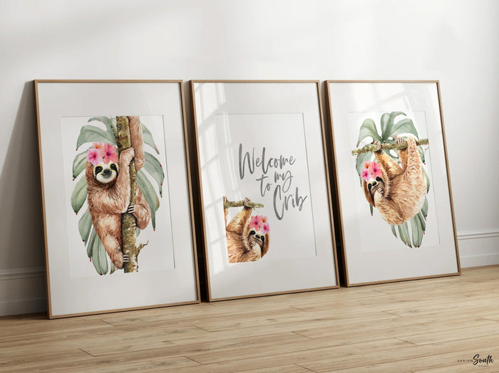 Girl sloth wall art set, sloth themed baby girl nursery, sloth nursery ideas for girl, pink sloth tropical room decor, welcome to my crib