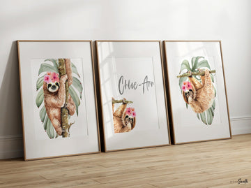 Girl sloth wall art set, sloth themed baby girl nursery, sloth nursery ideas for girl, personalized girl's name sloth tropical room decor