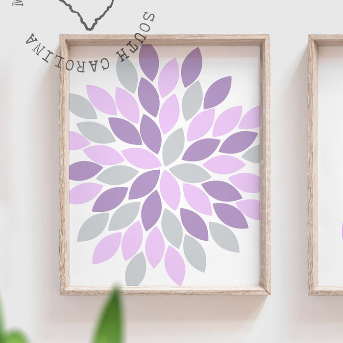 Baby girl nursery gray and purple, lavender and gray girl bedroom, purple girls nursery wall decor, baby girl wall art prints dahlia burst