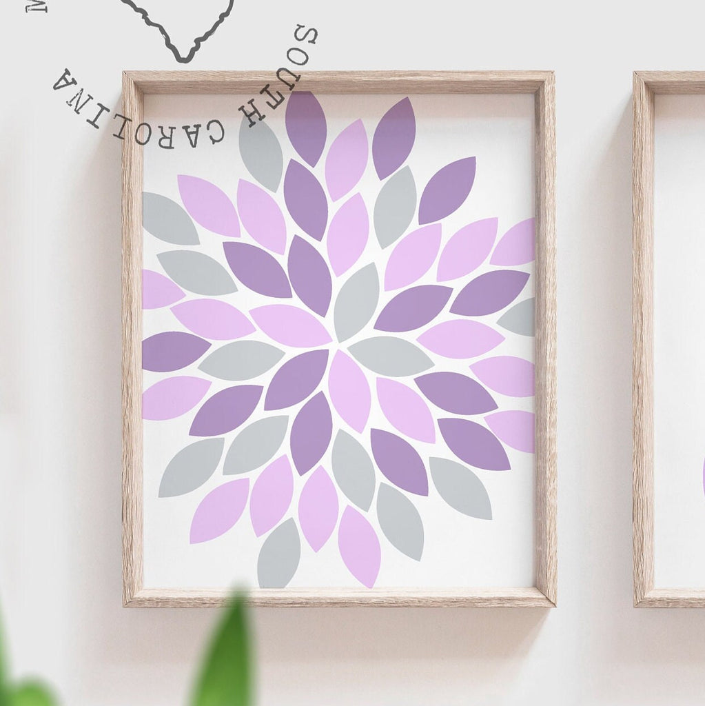 Baby girl nursery gray and purple, lavender and gray girl bedroom, purple girls nursery wall decor, baby girl wall art prints dahlia burst