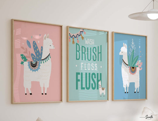 Llama bathroom, alpaca llama cactus childish cute set, llama themed bathroom wall art prints decorations, set of 3 llamas for kid's bathroom