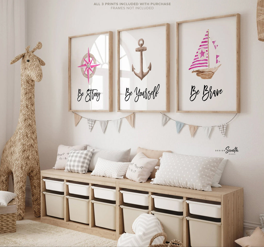 Nautical girl room art, pink anchor sailboat compass collection nautical prints, nautical nursery art, ocean theme wall art, sea baby art