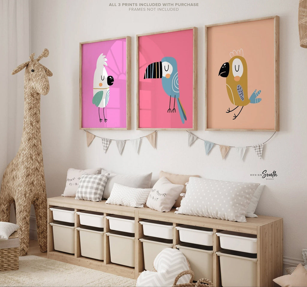 Exotic tropical birds print, tropical birds wall art, tropical animals print set, cute tropical birds print set, modern girl's tropical art