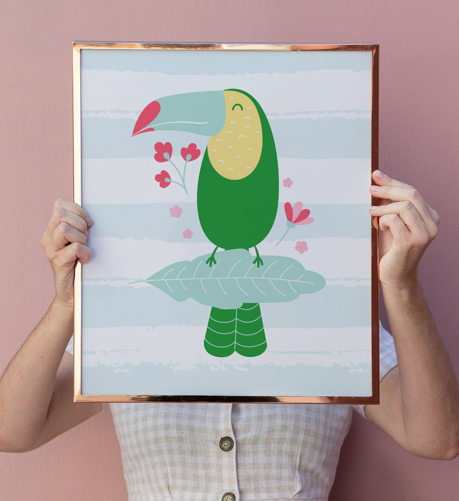 Jungle tropical nursery decor, wall art for jungle room personalized, tropical flowers and birds nursery wall art, tropical baby shower gift