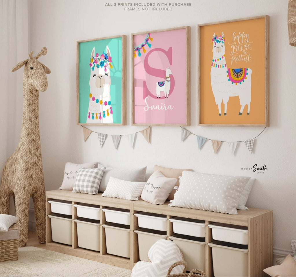 Llama gifts, llama girl's room, playroom wall ideas for little girl, llama baby shower gift, personalized colorful alpaca cactus pastel art