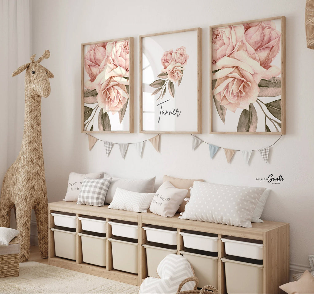 Girl nursery ideas, pink floral kid bedroom, modern elegant chic pink baby nursery decor, blush floral personalized name art, nursery room