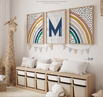 Boys rainbow decor, neutral kids wall hanging with name, kid playroom rainbow posters, kid room decor personalized, earthy neutral child art