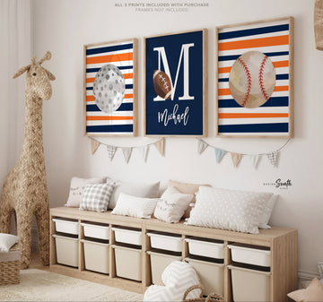 Sports wall art navy blue and orange, retro sports decor gift, sports art, personalized name picture sports theme, little boy sports custom