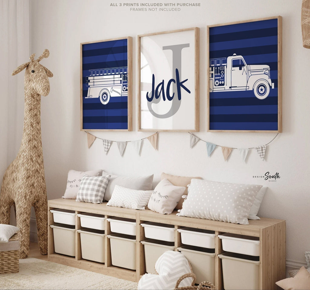 Navy fire truck nursery decor, firefighter nursery art, navy fire trucks, fire truck theme, boys fire truck decor, boy wall art firefighter