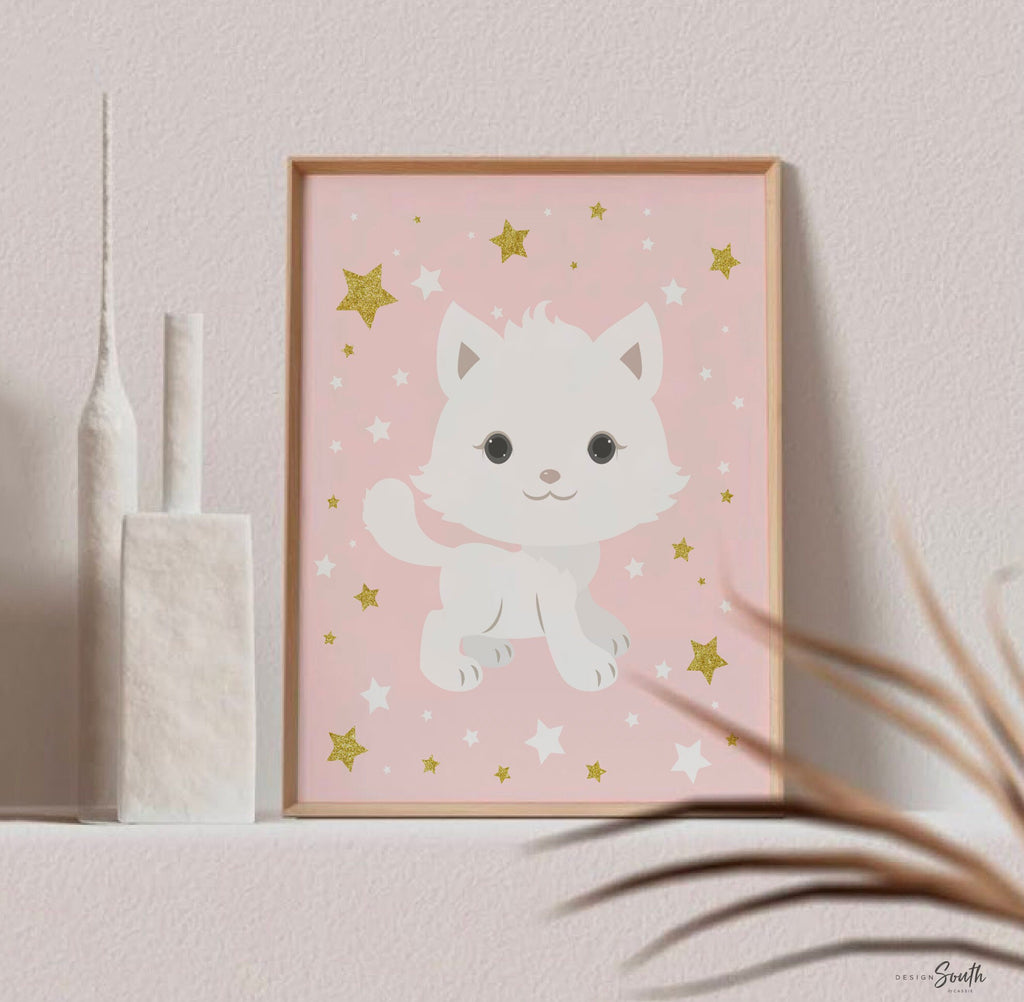 Cat themed, kitten art print set of 3, animal nursery pink gold, baby girl cute cat wall art, cat lover, kitten nursery, sweet kitty nursery