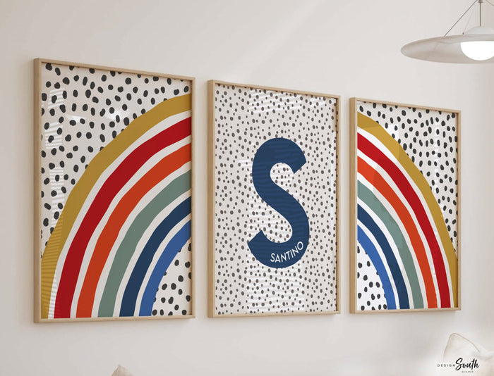 Boy rainbow room wall art red blue orange, boy nursery rainbow themed, wall art print set with monogram name baby boy, red orange boys art