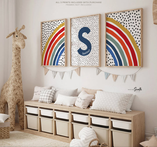 Boy rainbow room wall art red blue orange, boy nursery rainbow themed, wall art print set with monogram name baby boy, red orange boys art
