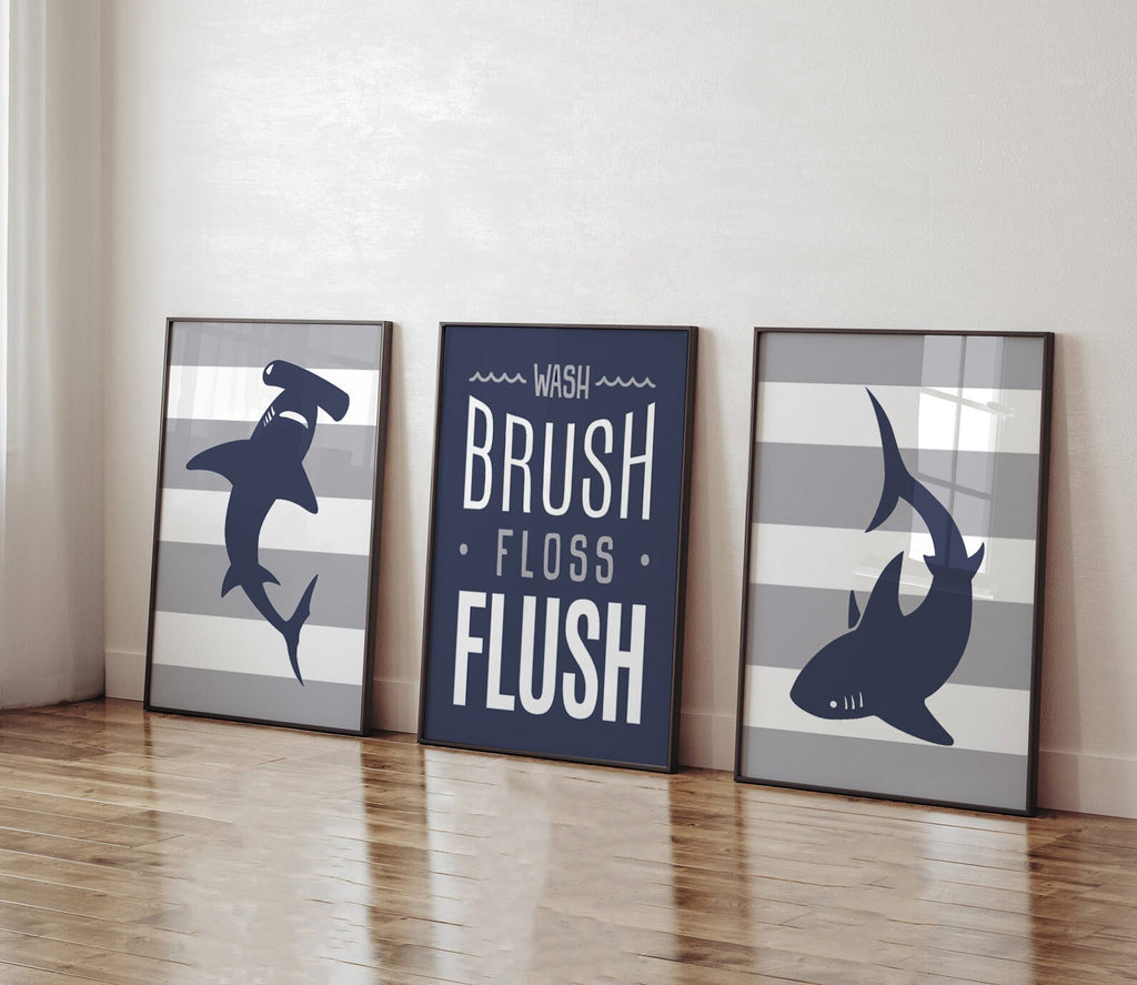Boys gray and navy blue shark bathroom, kids bathroom sharks, boys nautical bathroom, wall shark prints for boys, ideas for toddler bathroom
