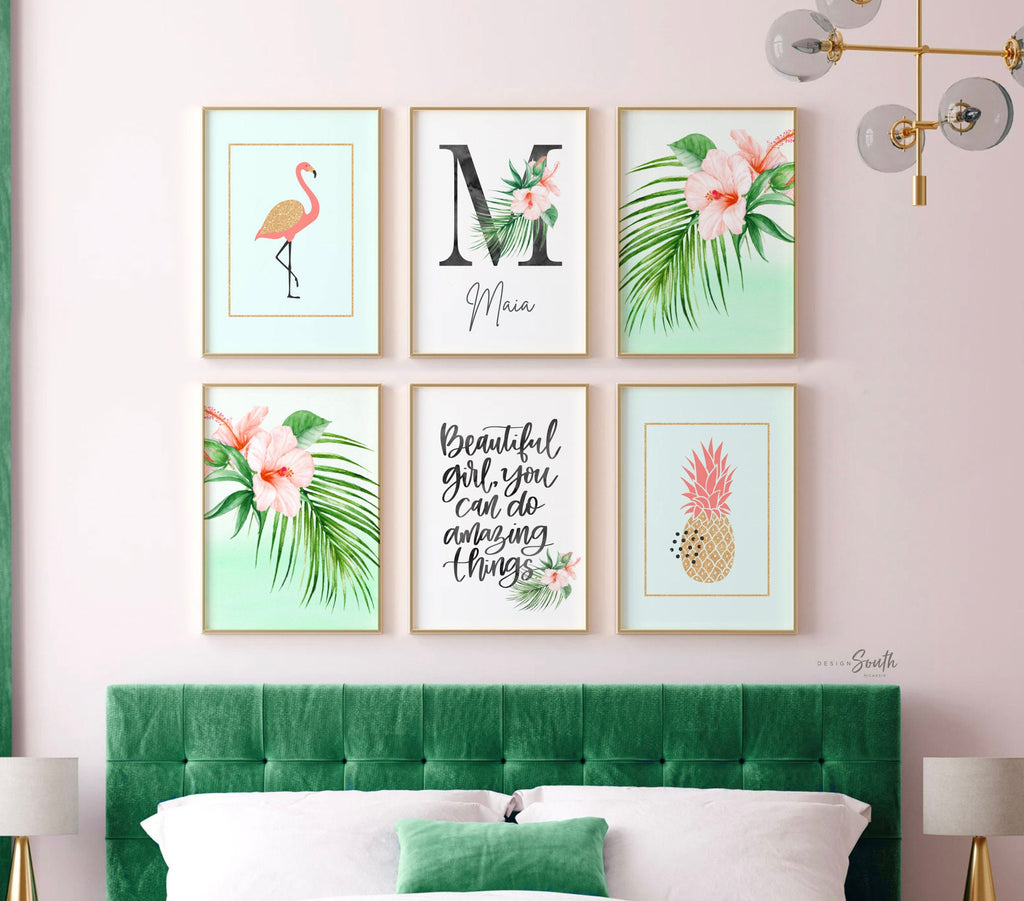 Tropical personalized name baby gift, mint aqua pink green tropical nursery art, baby girl quote flamingo palms, green pink aqua nursery art