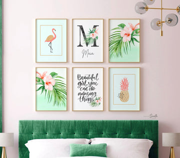 Tropical personalized name baby gift, mint aqua pink green tropical nursery art, baby girl quote flamingo palms, green pink aqua nursery art