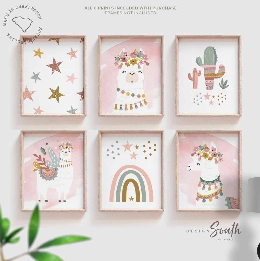 Star llama nursery pink, gift for girl llama alpaca, flower crown and llama baby shower, childrens llama cactus art pom pom, baby wall art