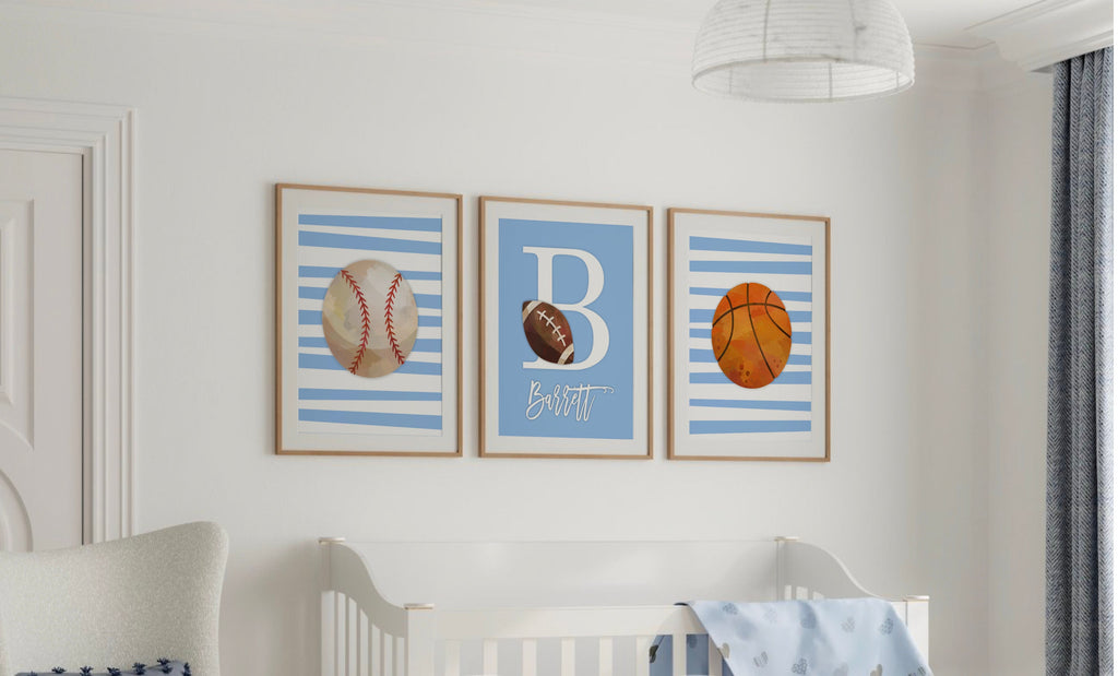Sports wall art blue, custom sports decor gift, basketball football baseball, personalized name sports theme, little boy room sports signs