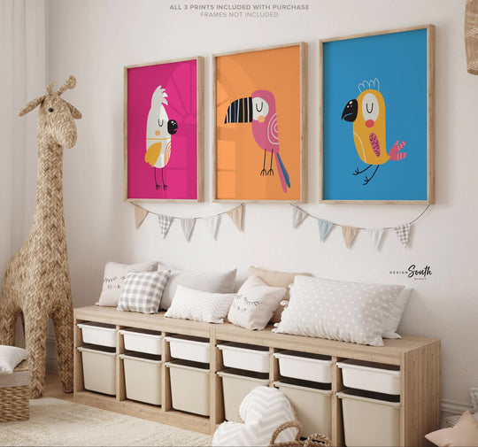 Toucan bird prints, wall art tropical bird, pink tropical wall art, pink orange blue bright tropical art, modern trendy bright art set of 3