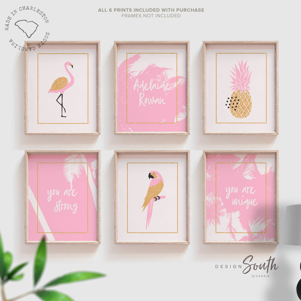 Girl tropical themed nursery decor, art blush pink gold sparkle personalized wall decor for girls, flamingo themed nursery decor wall art