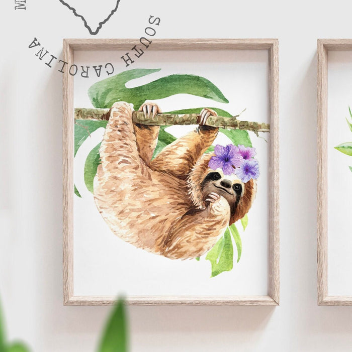 Purple sloth wall art set, hanging sloth nature, sloth girl room personalized name gift, animal lover nursery gift, wall art sloth decor set