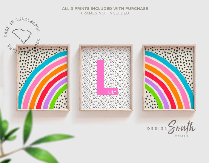 Bright cheerful rainbow decor, bedroom decor rainbow theme, pink orange purple wall art for girl, bright playroom decor personalized name
