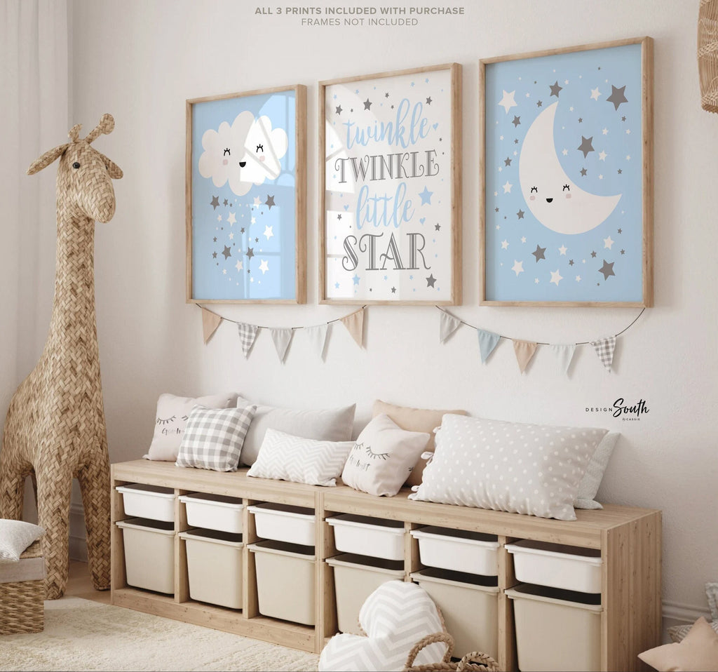 Prints for baby boy nursery, baby blue and gray, twinkle twinkle little star, nursery ideas, baby boy nursery wall art, baby shower gift boy