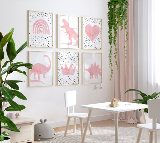 Girl dinosaurs hearts rainbows, girl pink dinosaur themed nursery, girl dinosaur bedroom wall art, pink dinosaurs, 6 girly dinosaur prints
