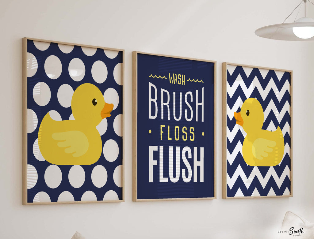 Baby boy bathroom, baby boy yellow and navy bathroom decor, rubber duckie art, baby boy wall art, brothers bathroom, twin boys bathroom navy