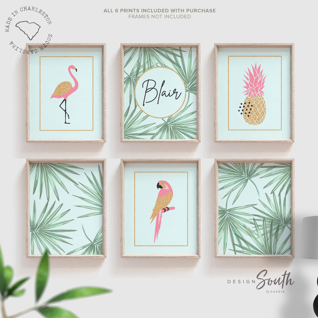 Aqua gold nursery decor, flamingo prints, tropical print, aqua wall decor for nursery bedroom or playroom, tropical themed gallery wall baby