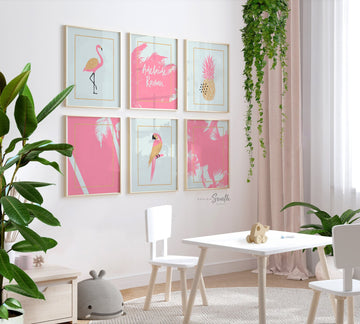 Tropical nursery theme, pink aqua nursery, pink palm trees flamingos gold sparkles, girl's name pink aqua gold baby room wall art tropical
