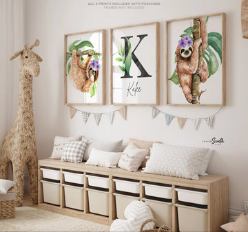 Purple sloth wall art set, hanging sloth nature, sloth girl room personalized name gift, animal lover nursery gift, wall art sloth decor set