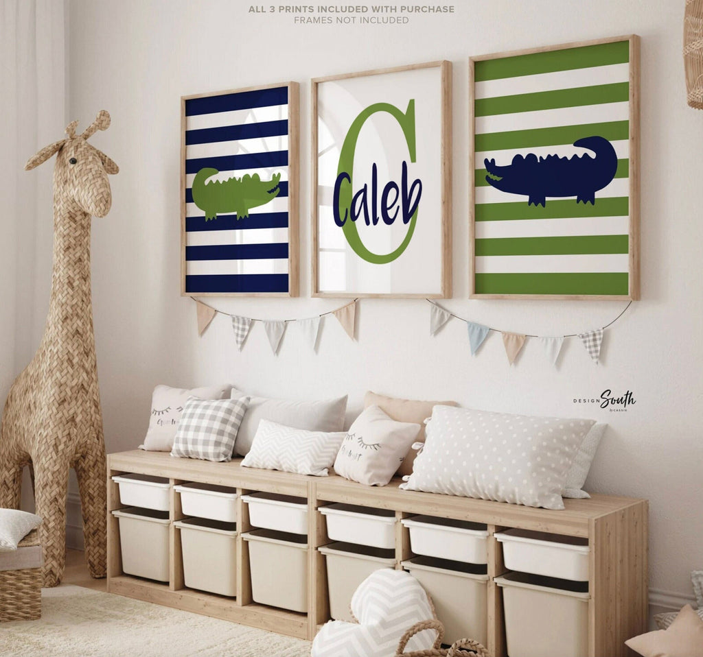 Alligator nursery decor with boy's name, nursery wall decor for boys navy blue and green, little boy's room decor ideas, gator baby room art