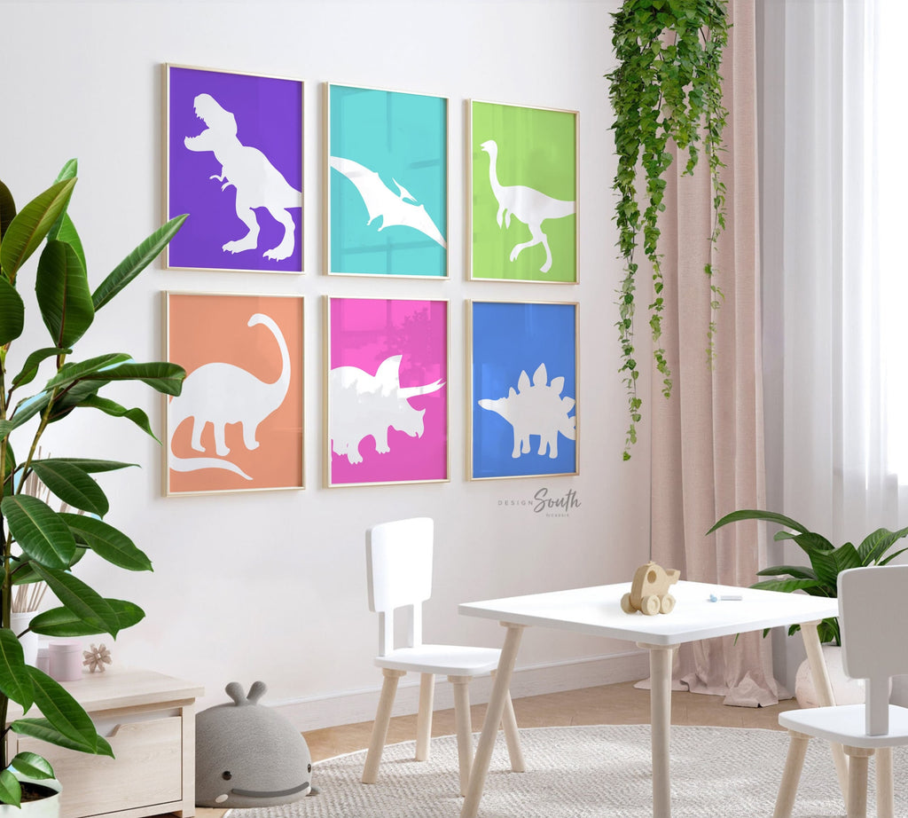 Colorful dinosaur art, bright colored dinosaurs, toddler girl dinosaur art, dinosaur girl bedroom wall art prints, gallery wall dinosaurs