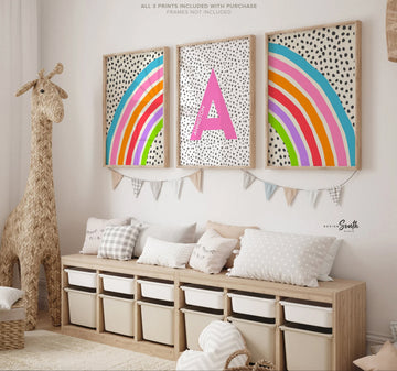 Bright cheerful rainbow decor, bedroom decor rainbow theme, pink orange purple wall art for girl, bright playroom decor personalized name